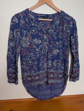 Lucky Brand Navy Paisley Floral Print Henley Top 3/4 Sleeve Size XS